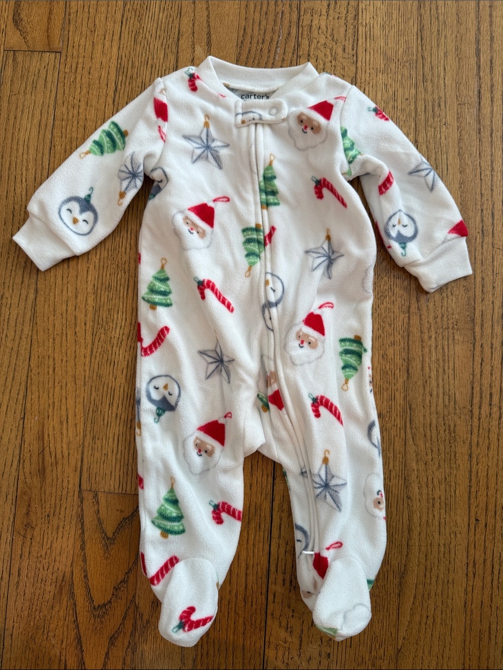 Carter's White Fleece Holiday Print Footed One-Piece
